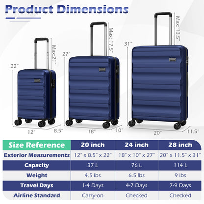 3-Piece Hardside Luggage Set 20/24/28 Inch Lightweight Hardside Suitcases-Navy