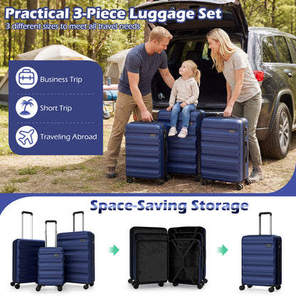3-Piece Hardside Luggage Set 20/24/28 Inch Lightweight Hardside Suitcases-Navy