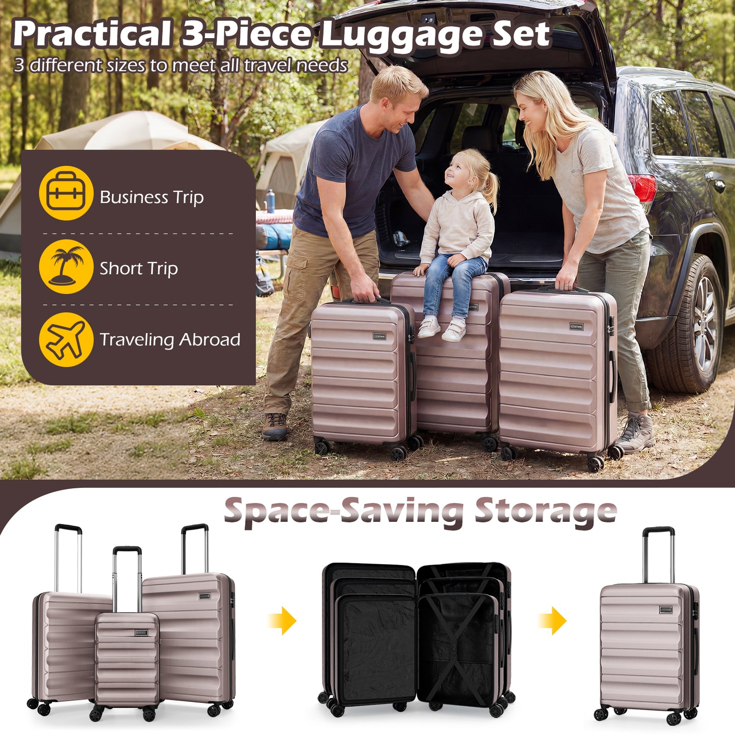 3-Piece Hardside Luggage Set 20/24/28 Inch Lightweight Hardside Suitcases-Pink