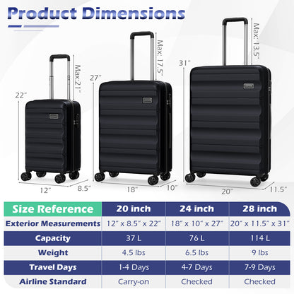 3-Piece Hardside Luggage Set 20/24/28 Inch Lightweight Hardside Suitcases-Black