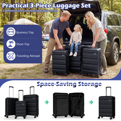3-Piece Hardside Luggage Set 20/24/28 Inch Lightweight Hardside Suitcases-Black