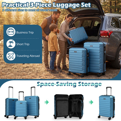 3-Piece Hardside Luggage Set Lightweight Hardside Suitcases with 8-Spinner Wheels-Blue