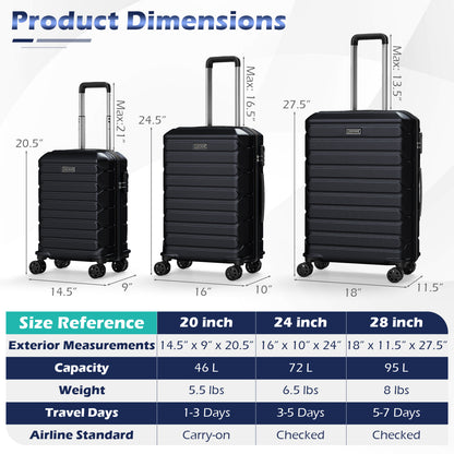 3-Piece Hardside Luggage Set Lightweight Hardside Suitcases with 8-Spinner Wheels-Black