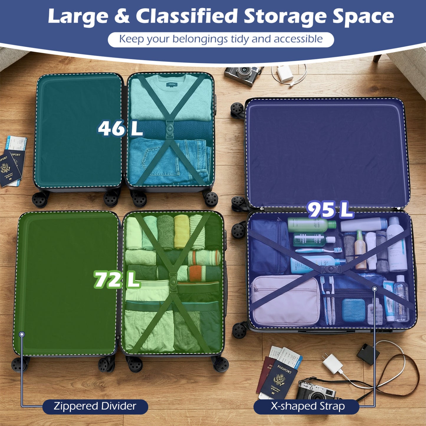 3-Piece Hardside Luggage Set Lightweight Hardside Suitcases with 8-Spinner Wheels-Grey