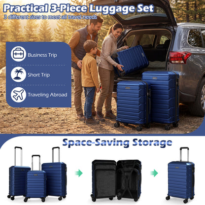 3-Piece Hardside Luggage Set Lightweight Hardside Suitcases with 8-Spinner Wheels-Navy