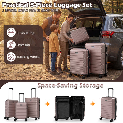 3-Piece Hardside Luggage Set Lightweight Hardside Suitcases with 8-Spinner Wheels-Pink