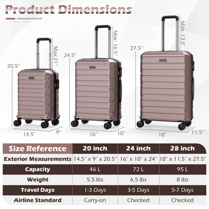 3-Piece Hardside Luggage Set Lightweight Hardside Suitcases with 8-Spinner Wheels-Pink