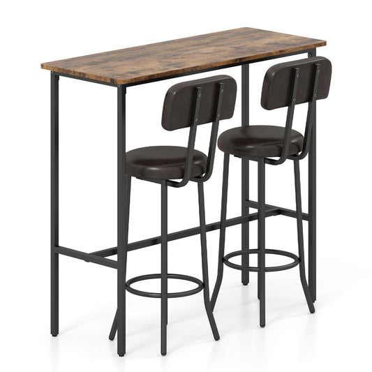 3-Piece Industrial Bar Table Set with 2 Upholstered Stools and Footrests for Dining Room