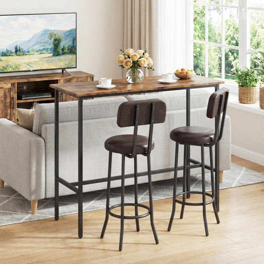 3-Piece Industrial Bar Table Set with 2 Upholstered Stools and Footrests for Dining Room