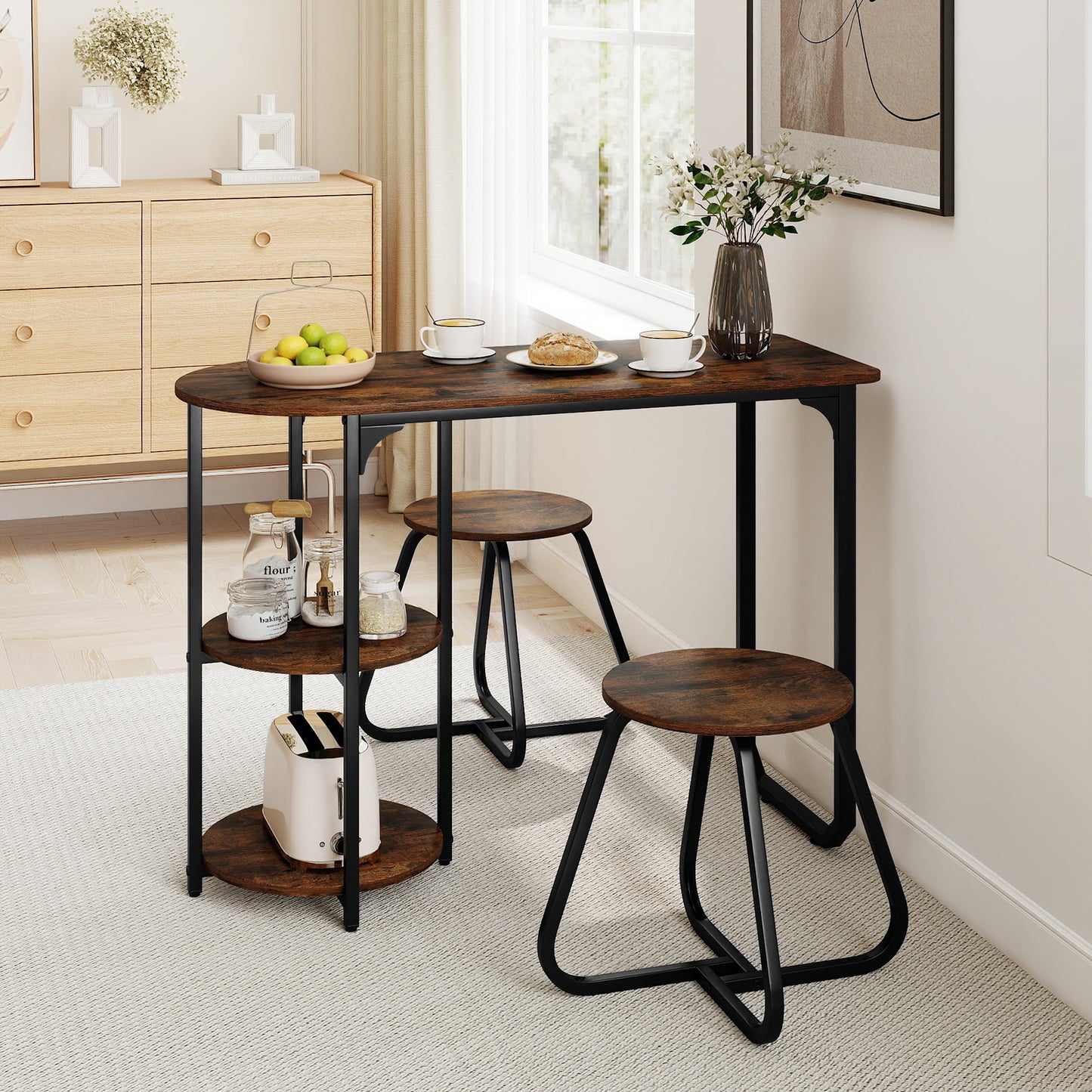 3-Piece Industrial Dining Table Set for Small Space-Rustic Brown