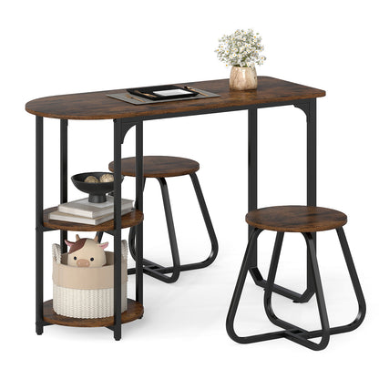 3-Piece Industrial Dining Table Set for Small Space-Rustic Brown
