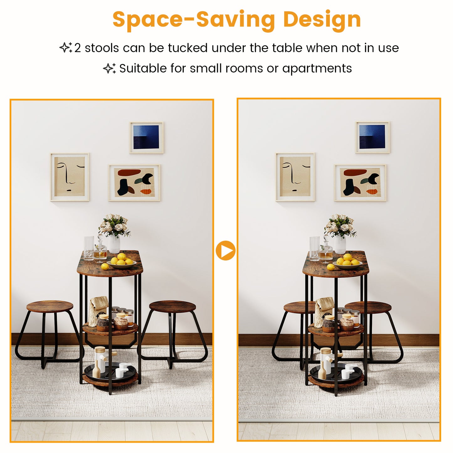 3-Piece Industrial Dining Table Set for Small Space-Rustic Brown