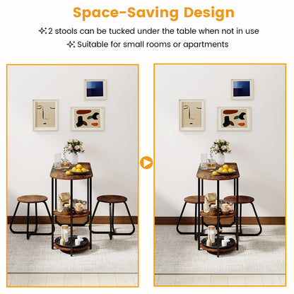 3-Piece Industrial Dining Table Set for Small Space-Rustic Brown