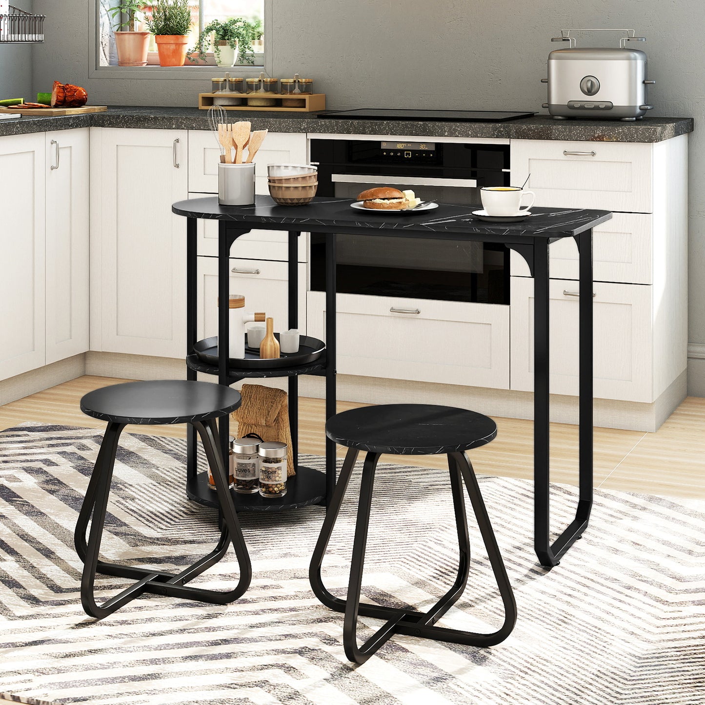 3-Piece Industrial Dining Table Set for Small Space-Black
