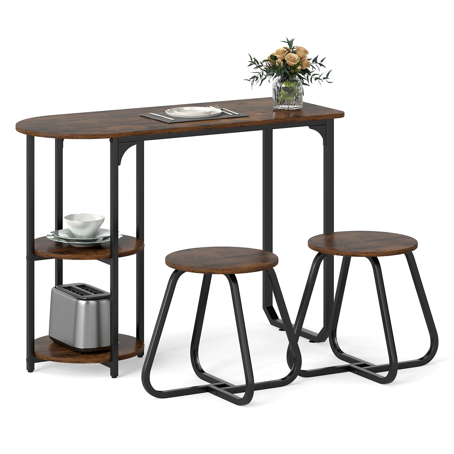 3-Piece Industrial Dining Table Set for Small Space-Rustic Brown