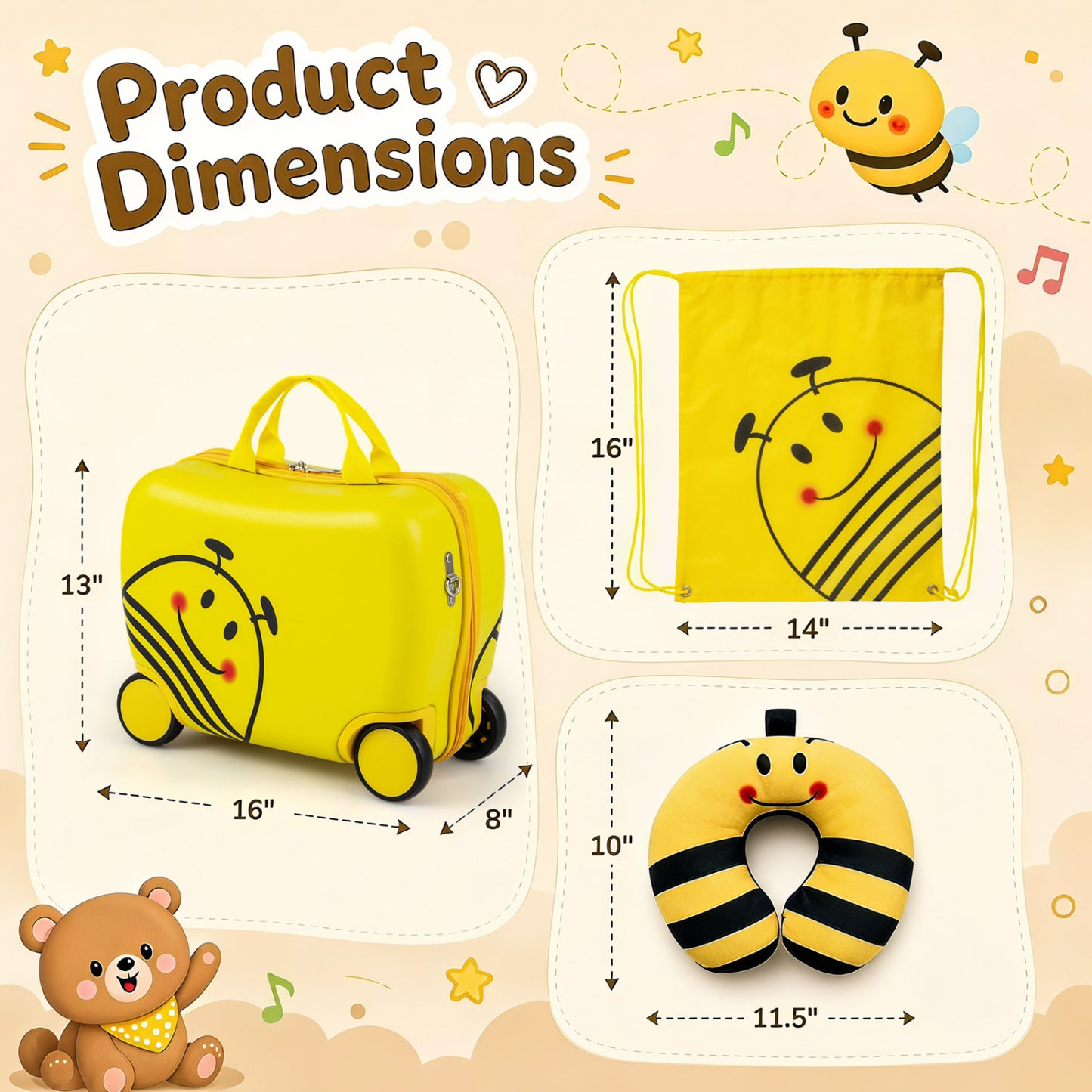 Kids Ride-On Luggage Set with Backpack and Headrest - Yellow
