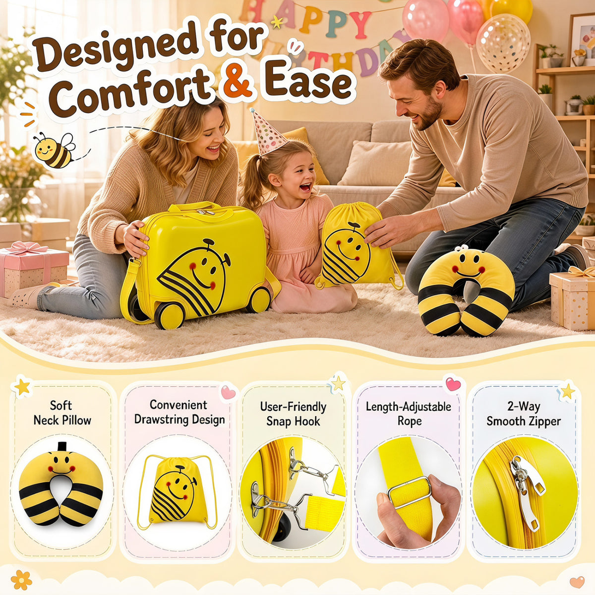 Kids Ride-On Luggage Set with Backpack and Headrest - Yellow