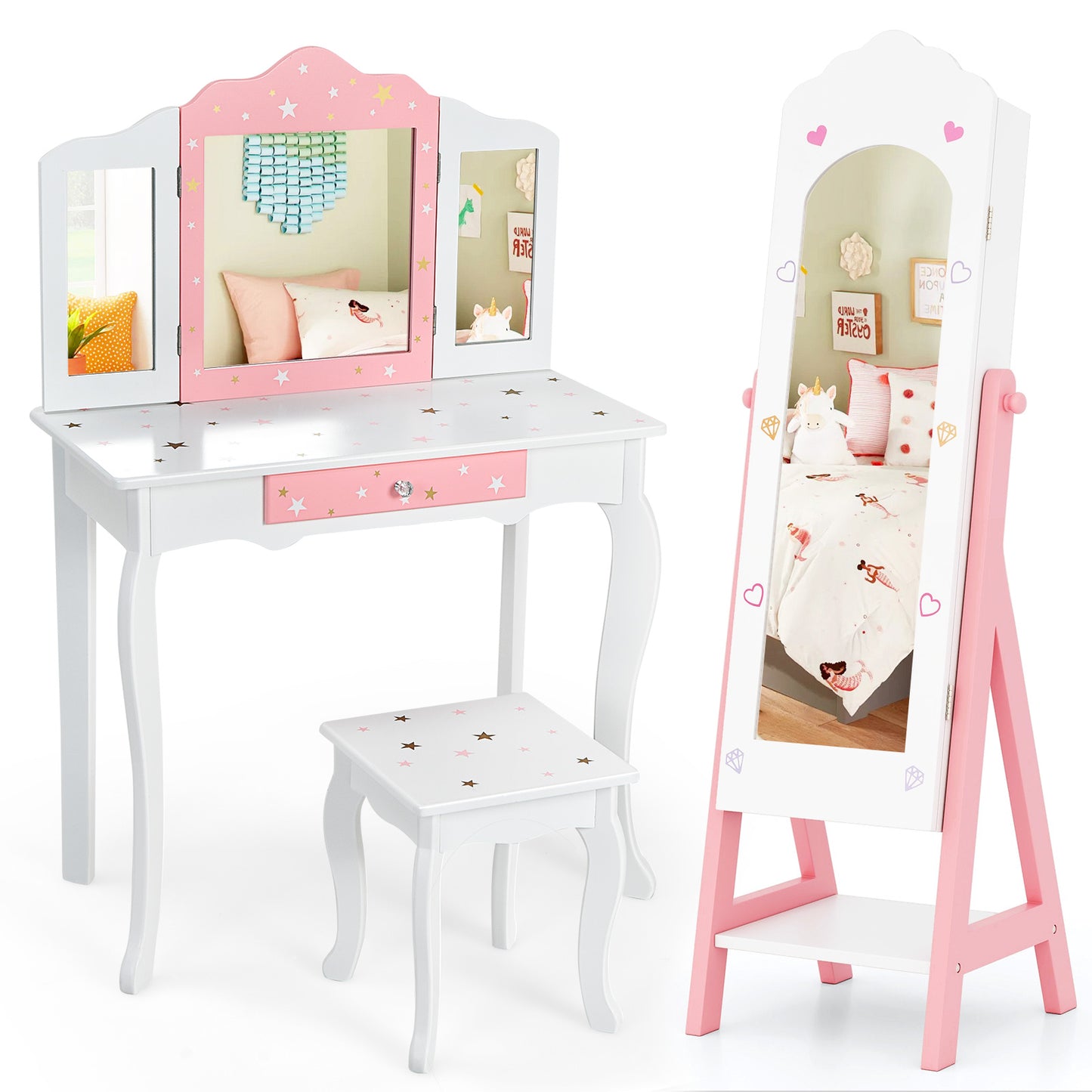 2 Pieces Kids Vanity Set and Jewelry Armoire Cabinet with Full-length Mirror-Pink - White