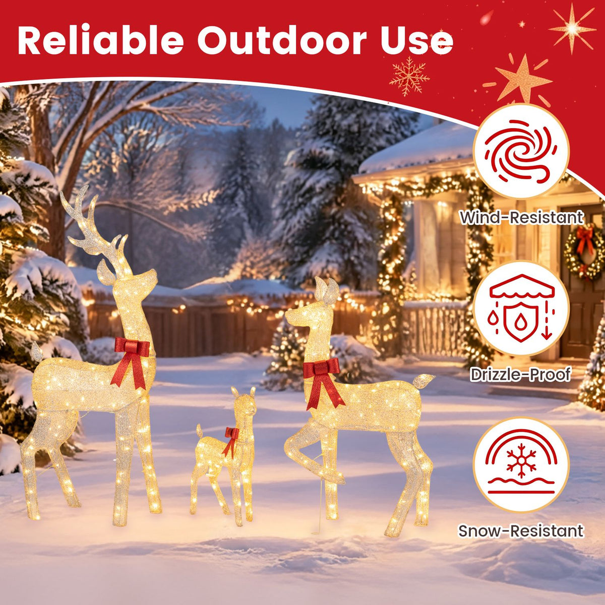 3-Piece Lighted Golden Christmas Reindeer Family Set