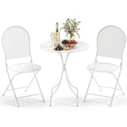 3 Piece Metal Bistro Patio Round Table and 2 Folding Chairs Set-White
