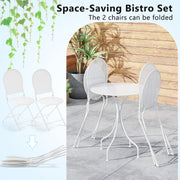 3 Piece Metal Bistro Patio Round Table and 2 Folding Chairs Set-White
