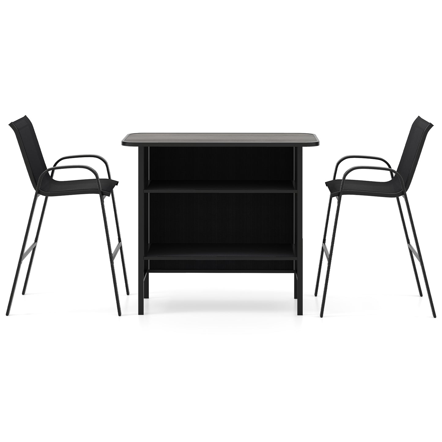 3 Piece Outdoor Bar Set with Footrest and 2-Tier Shelf-Black