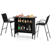 3 Piece Outdoor Bar Set with Footrest and 2-Tier Shelf-Black