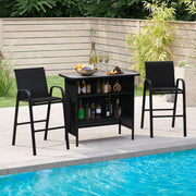 3 Piece Outdoor Bar Set with Footrest and 2-Tier Shelf-Black