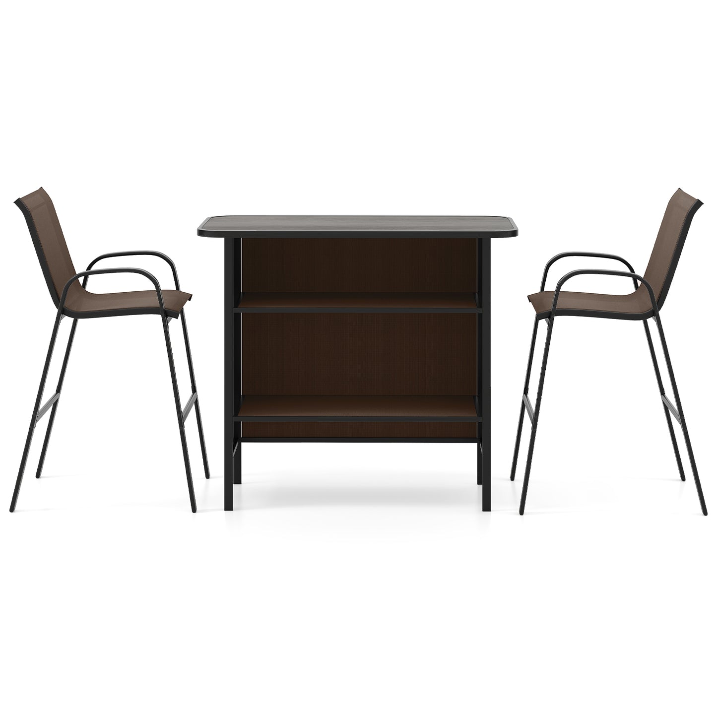 3 Piece Outdoor Bar Set with Footrest and 2-Tier Shelf-Coffee