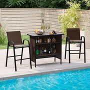 3 Piece Outdoor Bar Set with Footrest and 2-Tier Shelf-Coffee