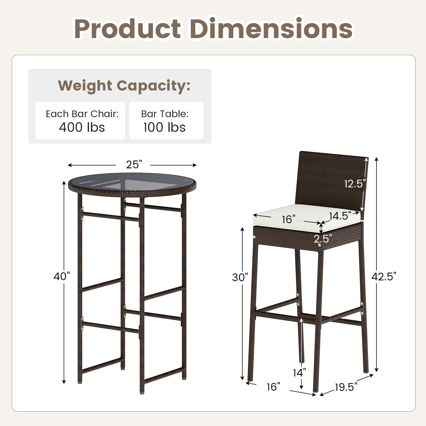 3 Piece Outdoor Bar Set Patio Heavy-Duty Metal Barstool and Table Set-White