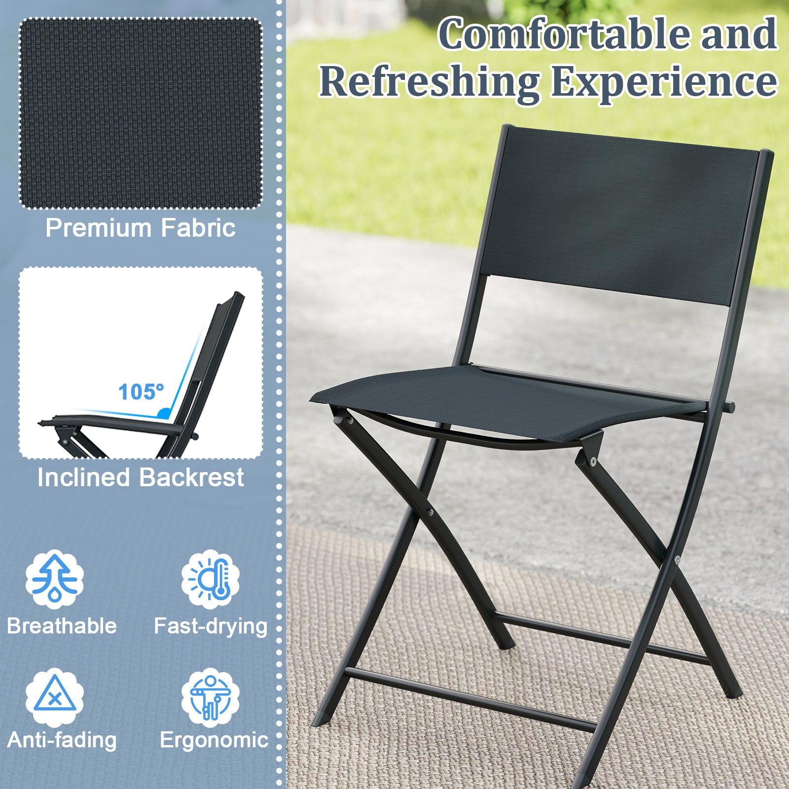 3 Piece Outdoor Folding Patio Bistro Set with Tempered Glass Coffee Table and 2 Patio Chairs