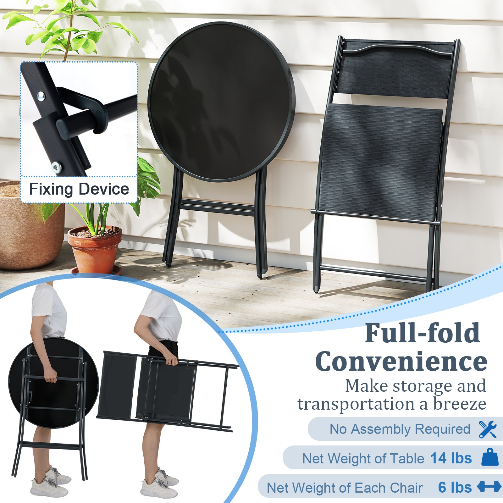 3 Piece Outdoor Folding Patio Bistro Set with Tempered Glass Coffee Table and 2 Patio Chairs