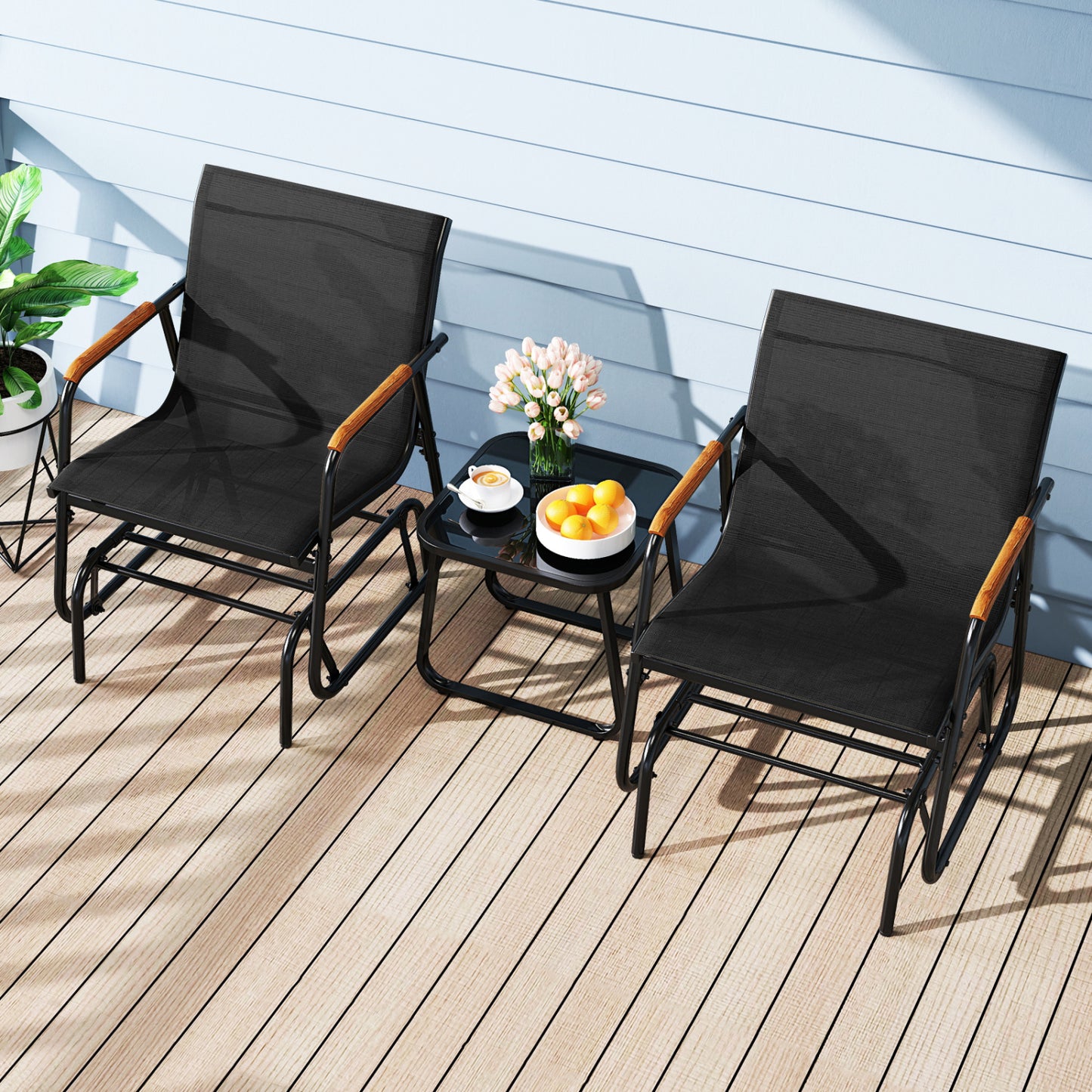 3-Piece Outdoor Glider Bistro Set with Tempered Glass Table