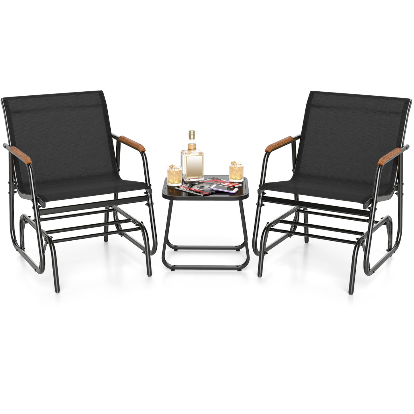 3-Piece Outdoor Glider Bistro Set with Tempered Glass Table