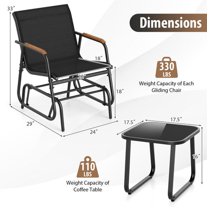 3-Piece Outdoor Glider Bistro Set with Tempered Glass Table