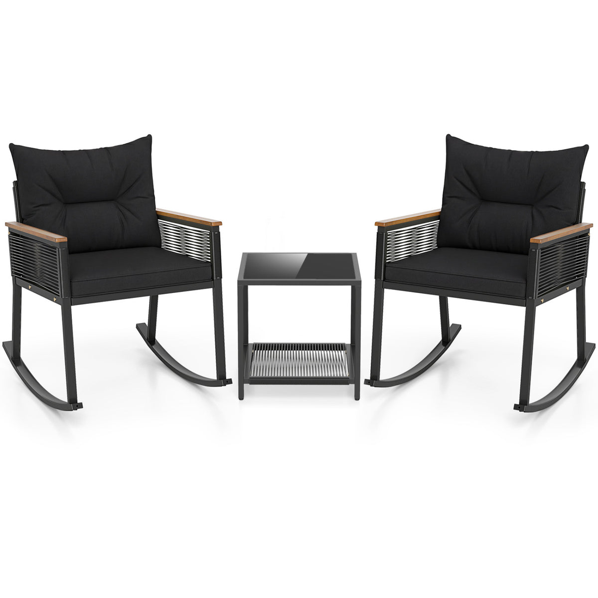 3-Piece Rocking Bistro Set with Coffee Table & Cushions