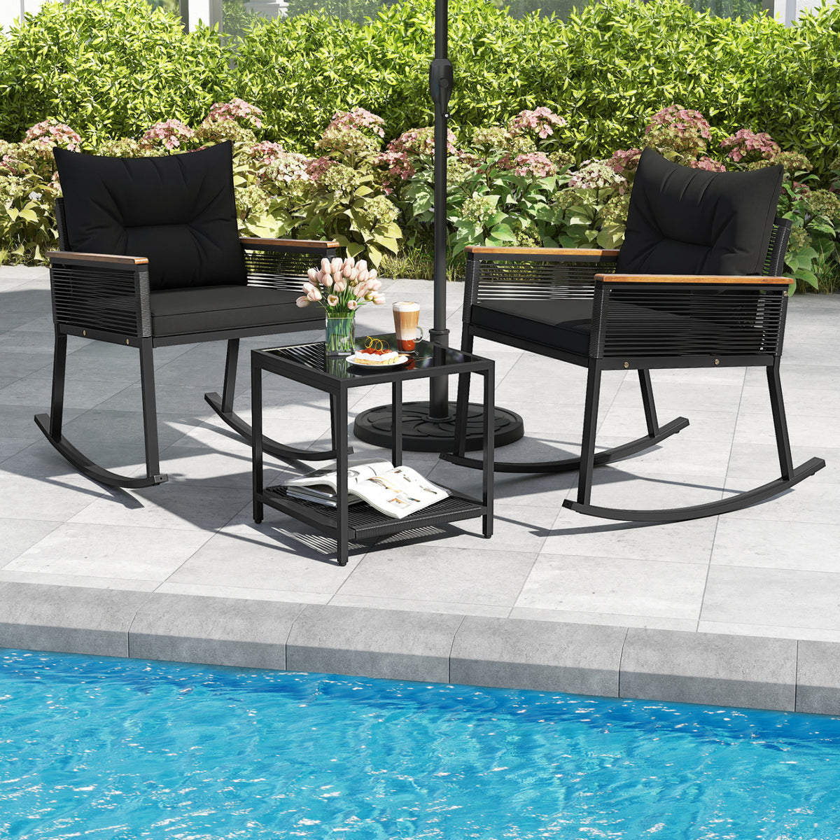 3-Piece Rocking Bistro Set with Coffee Table & Cushions