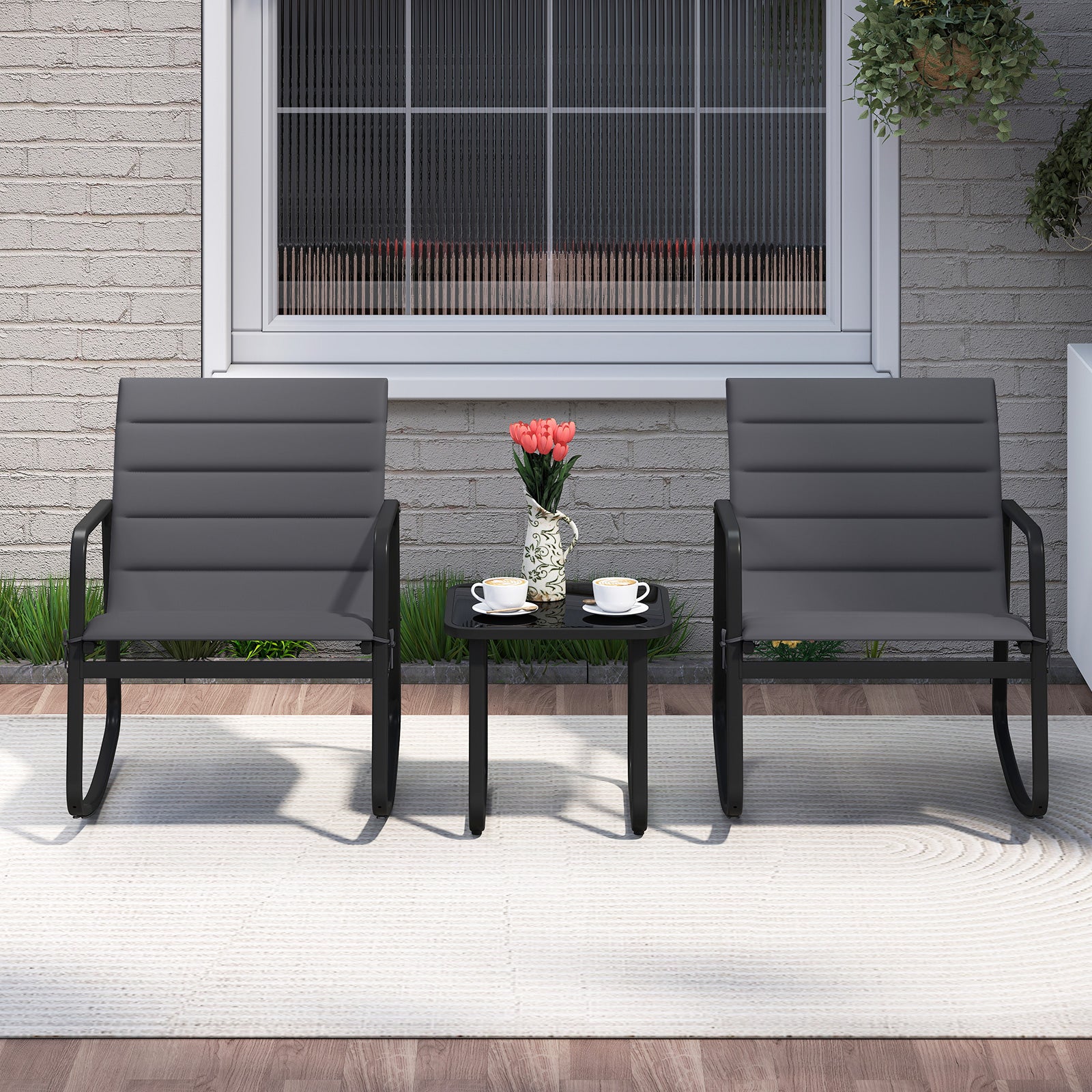 3 Piece Outdoor Rocking Bistro Set Porch Rocker Chairs with Tempered Glass Table-Gray