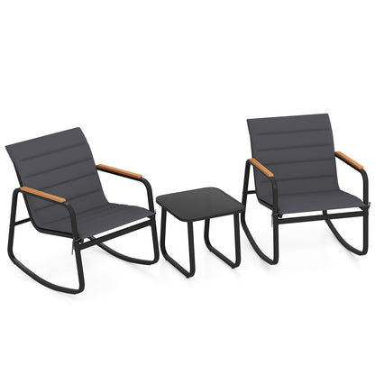 3 Piece Outdoor Rocking Bistro Set Porch Rocker Chairs-Gray