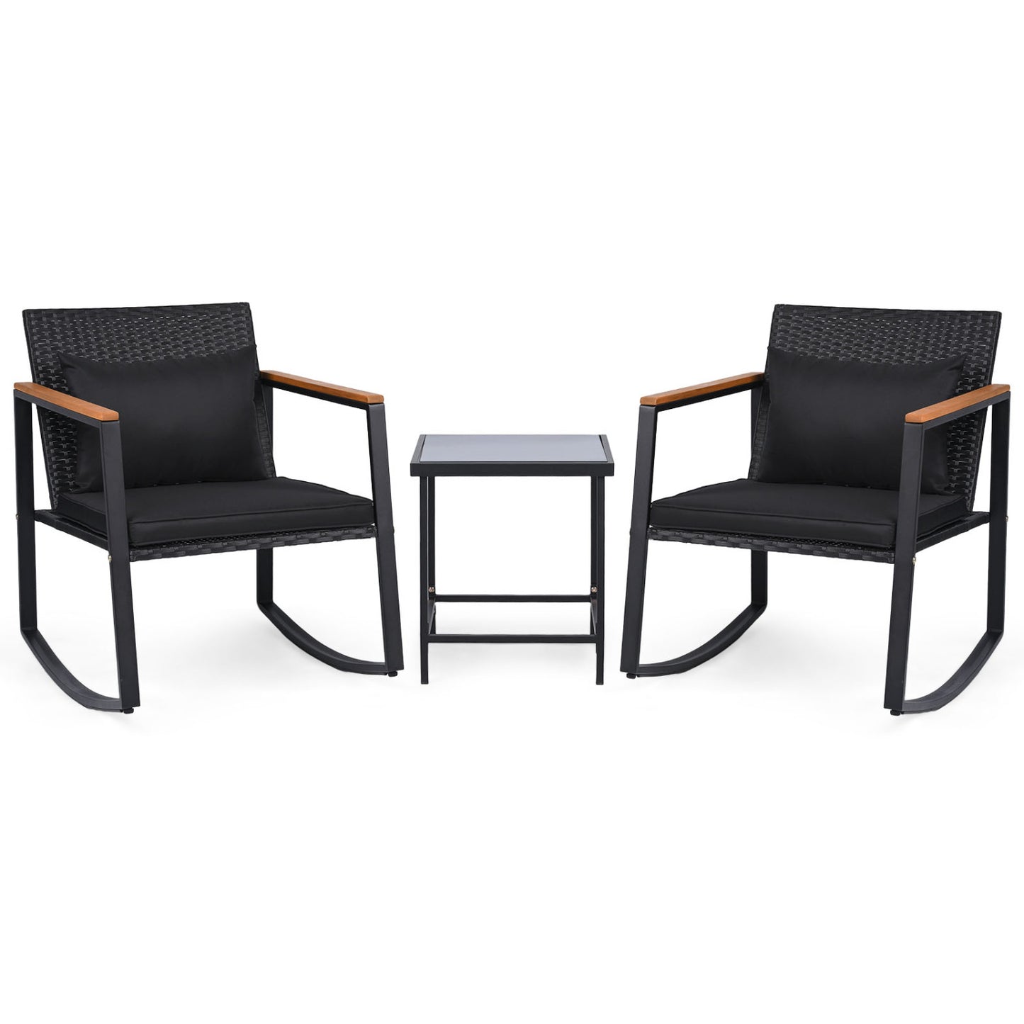 3-Piece Rocking Bistro Set with Cushions & Glass Table