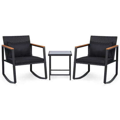 3-Piece Rocking Bistro Set with Cushions & Glass Table