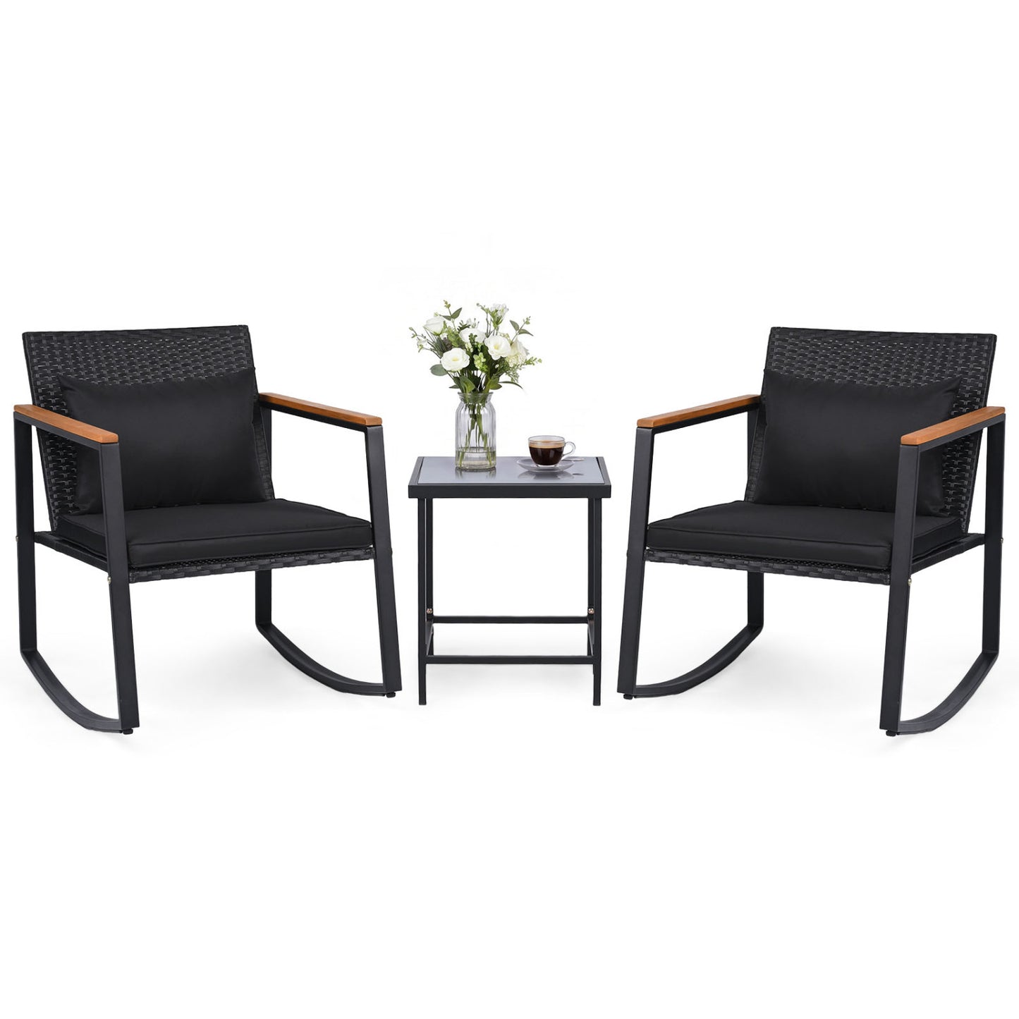 3-Piece Rocking Bistro Set with Cushions & Glass Table