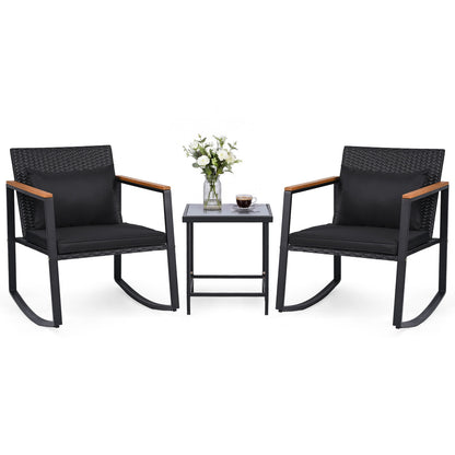 3-Piece Rocking Bistro Set with Cushions & Glass Table