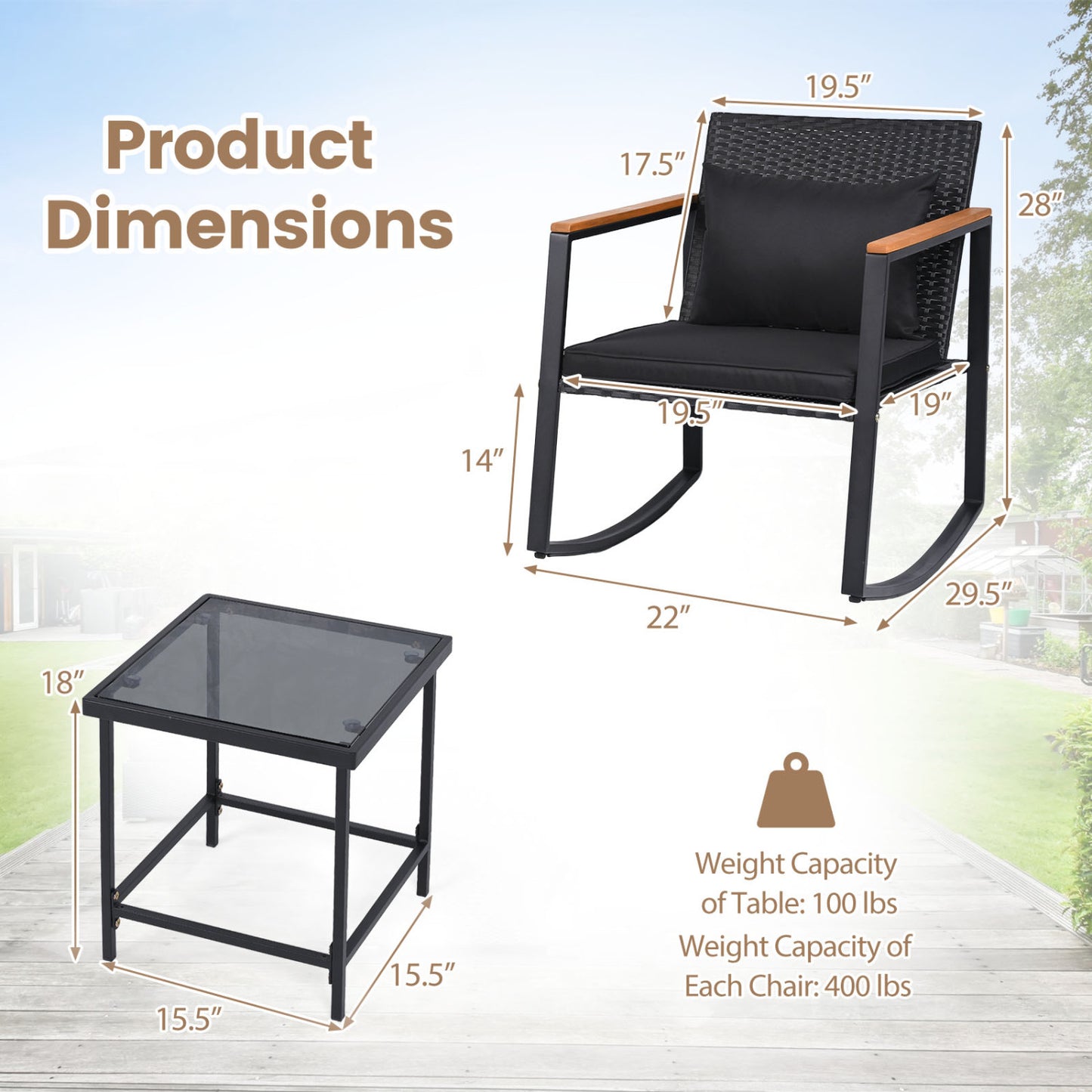 3-Piece Rocking Bistro Set with Cushions & Glass Table