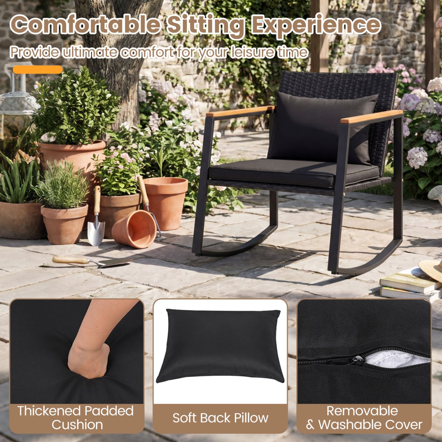3-Piece Rocking Bistro Set with Cushions & Glass Table
