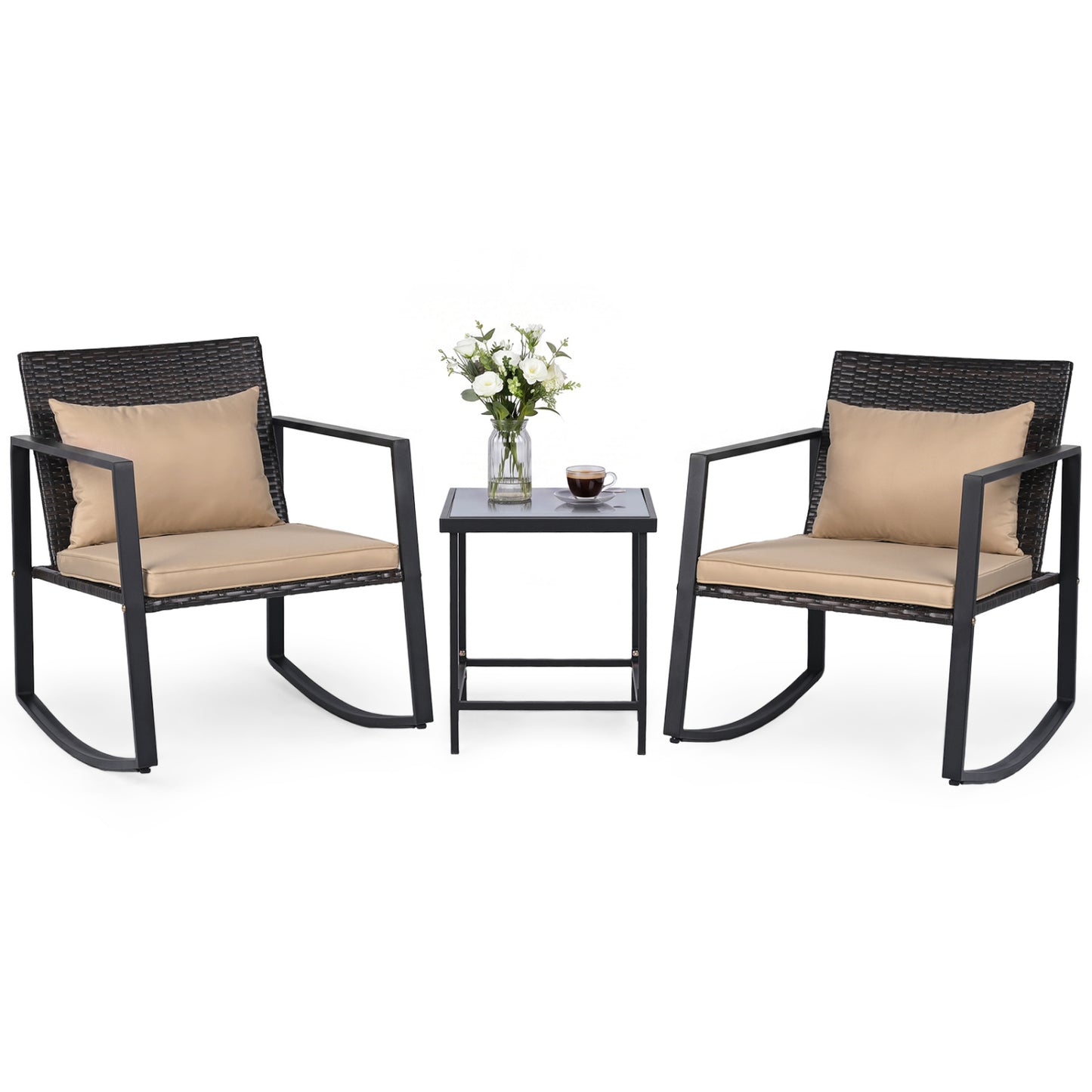 3-Piece Rocking Bistro Set with Cushions & Glass Table