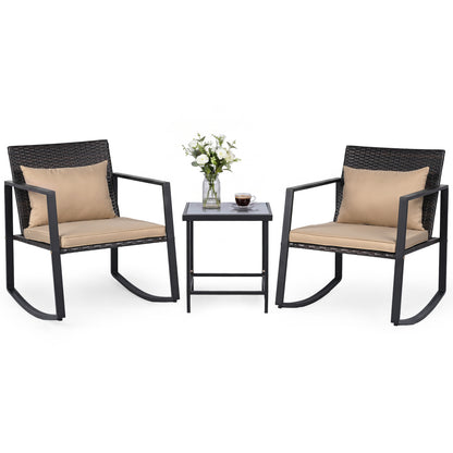 3-Piece Rocking Bistro Set with Cushions & Glass Table