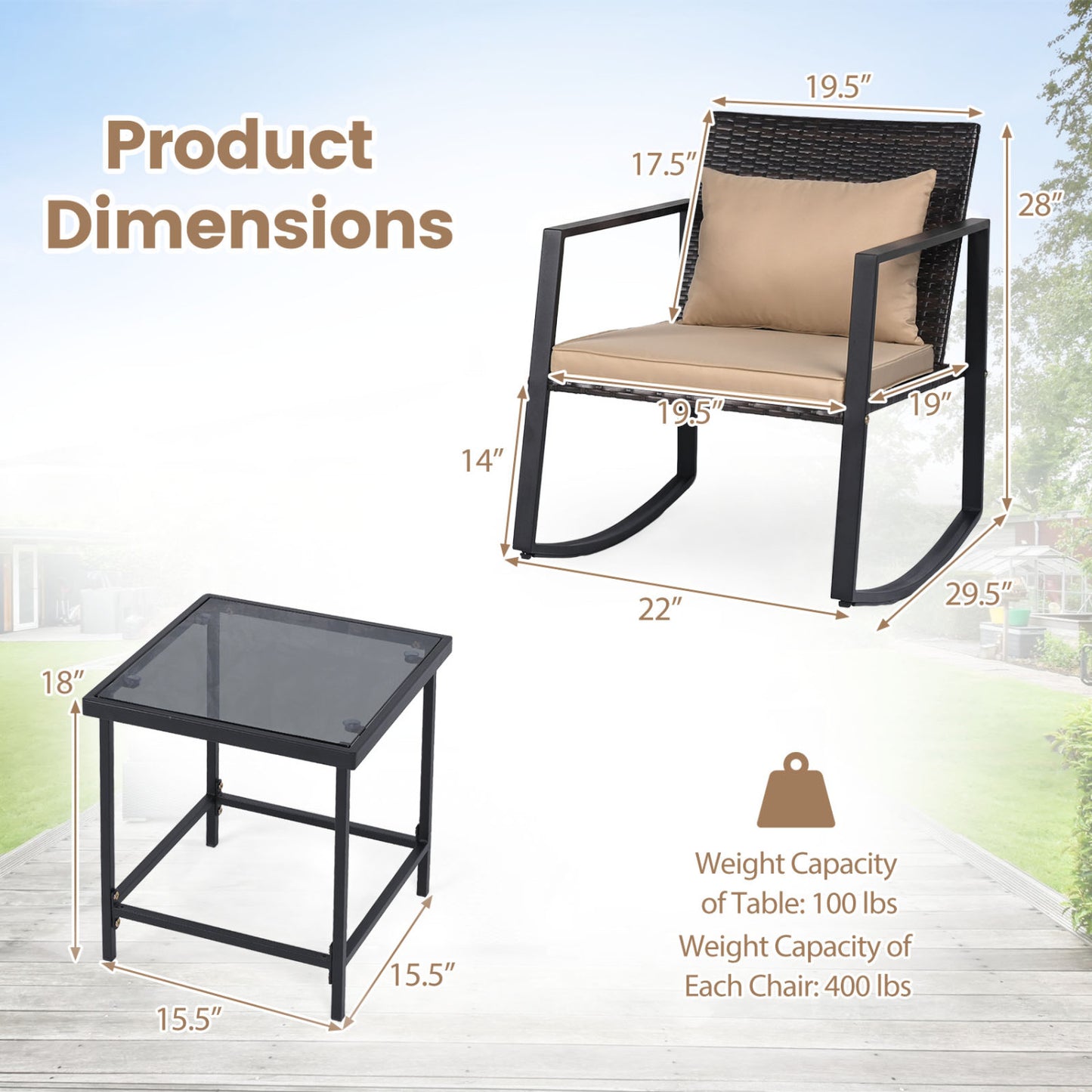 3-Piece Rocking Bistro Set with Cushions & Glass Table