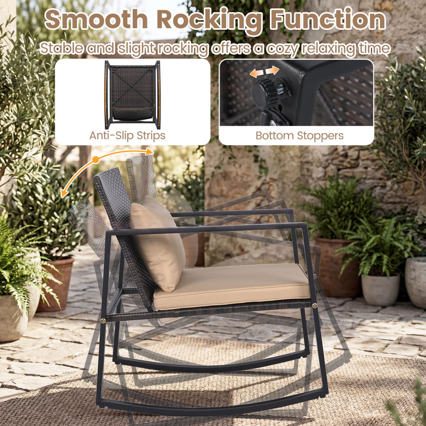 3-Piece Rocking Bistro Set with Cushions & Glass Table
